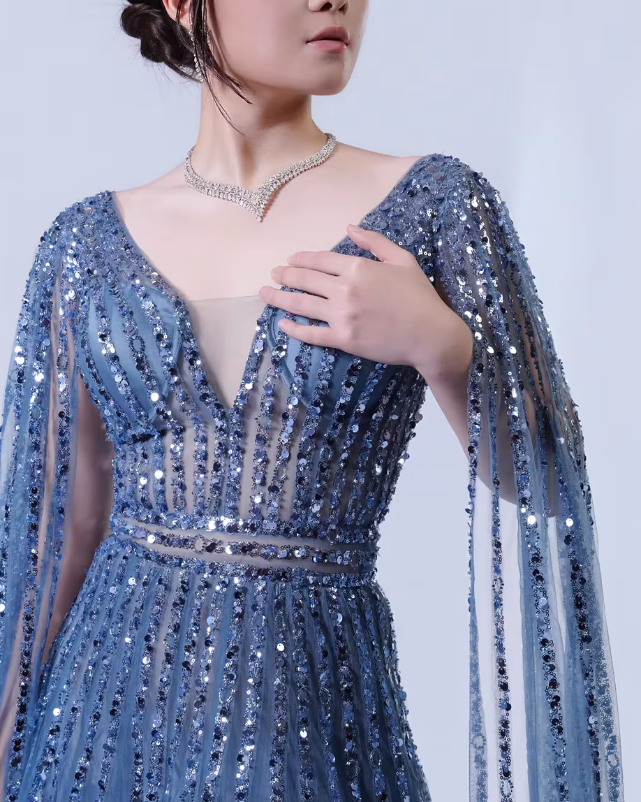 Sapphire Cape Gown — neckline detail