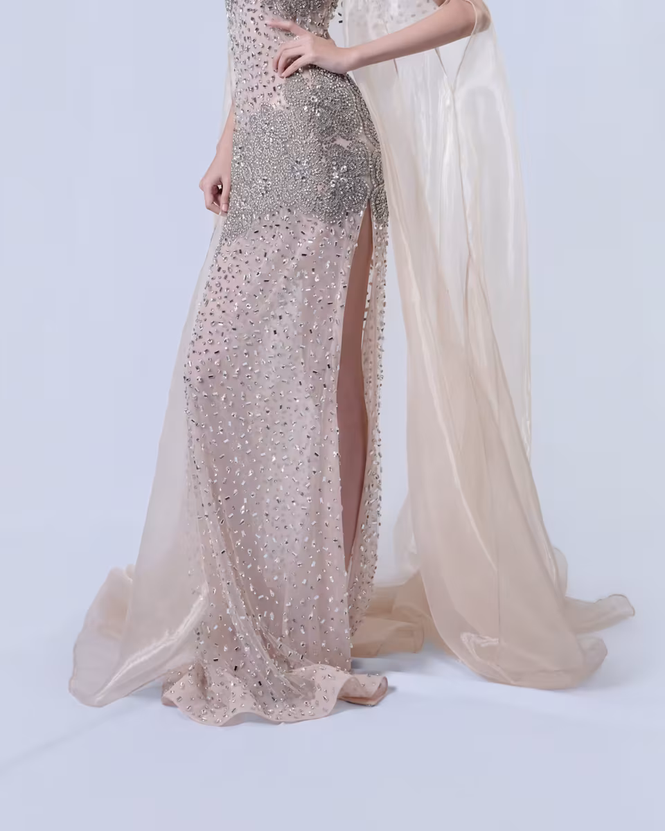 Crystal embellished slit gown detail